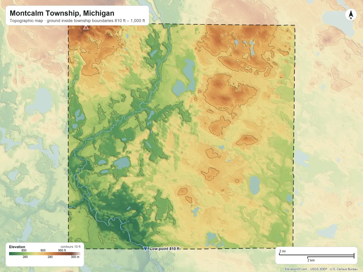 Topographic elevation map of Montcalm Township, Michigan, shaded from 810 ft on the south side to 1,000 ft on the northwest side
