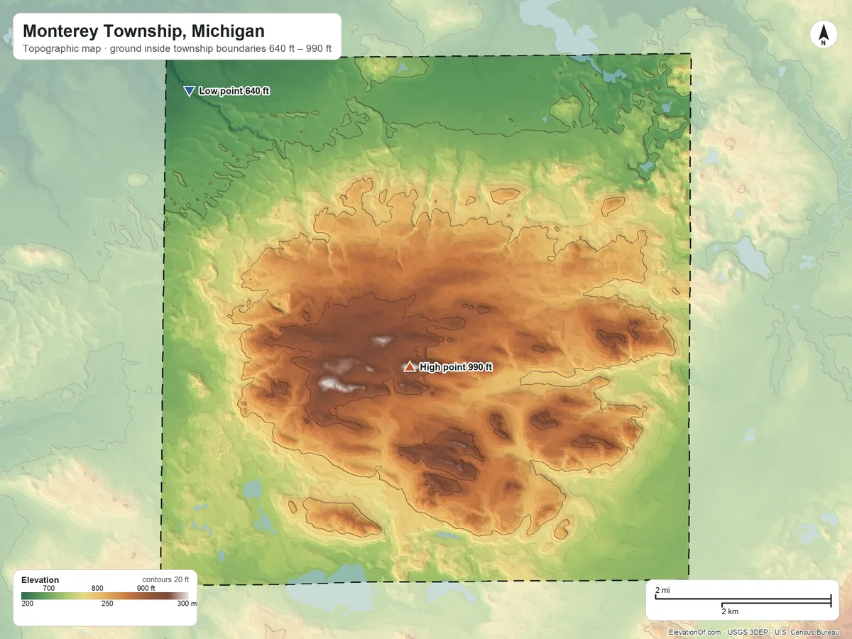 Topographic elevation map of Monterey Township, Michigan, shaded from 640 ft on the northwest side to 990 ft on the south side