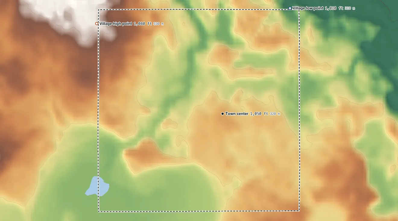 Topographic elevation map of Montgomery, Michigan, shaded from 1,010 ft on the northeast side to 1,080 ft on the northwest side