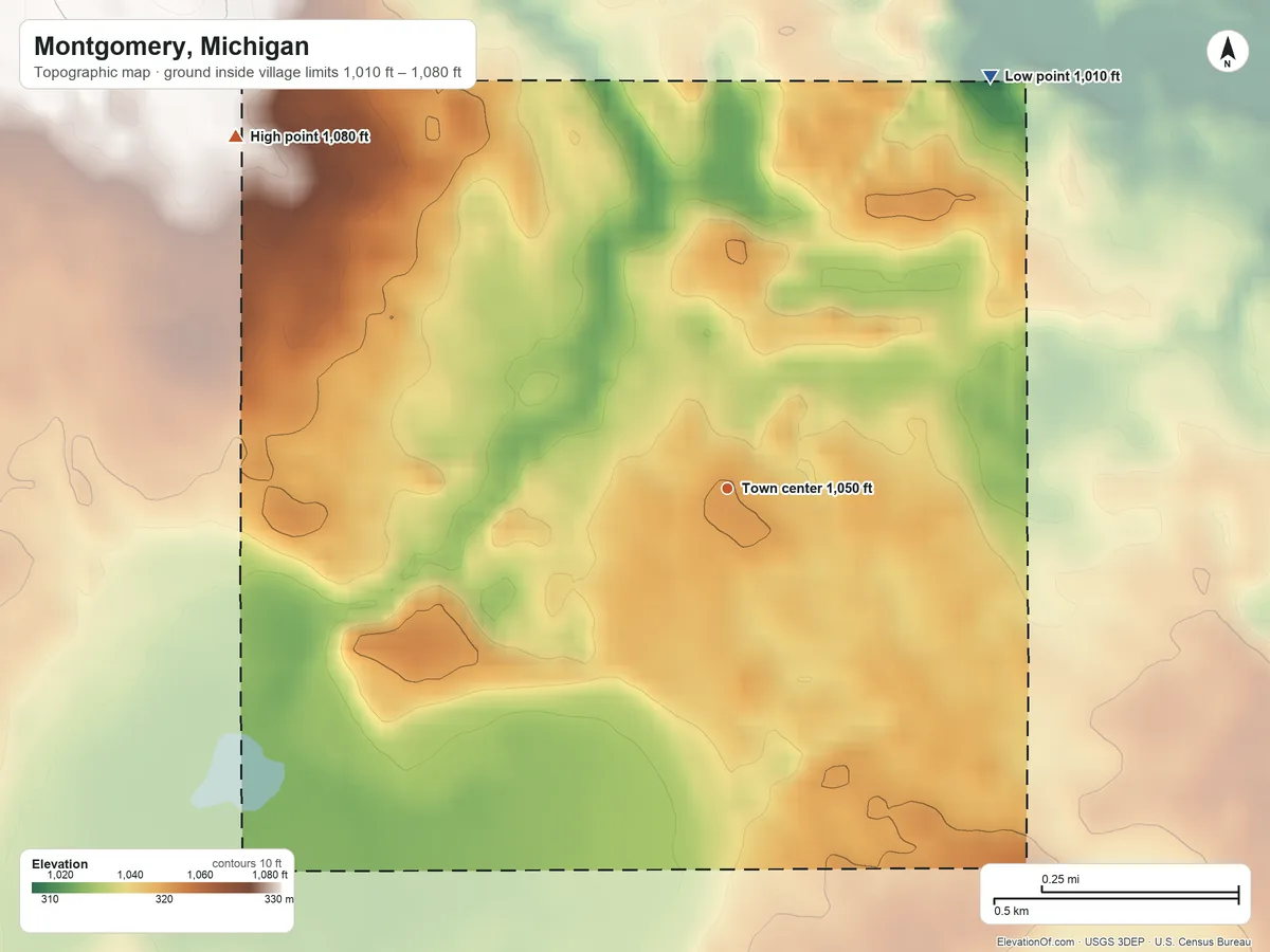 Topographic elevation map of Montgomery, Michigan, shaded from 1,010 ft on the northeast side to 1,080 ft on the northwest side