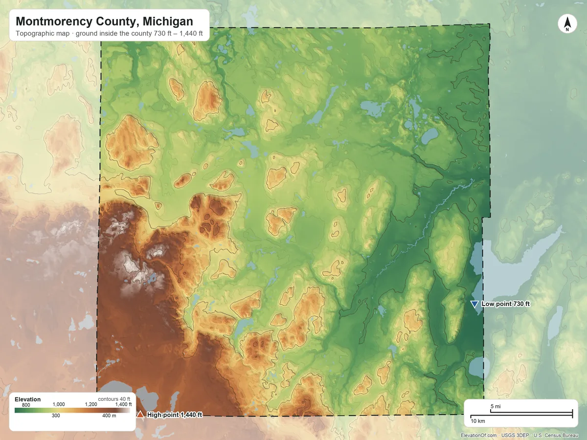 Topographic elevation map of Montmorency County, Michigan, shaded from 730 ft on the southeast side to 1,440 ft on Comstock Hills