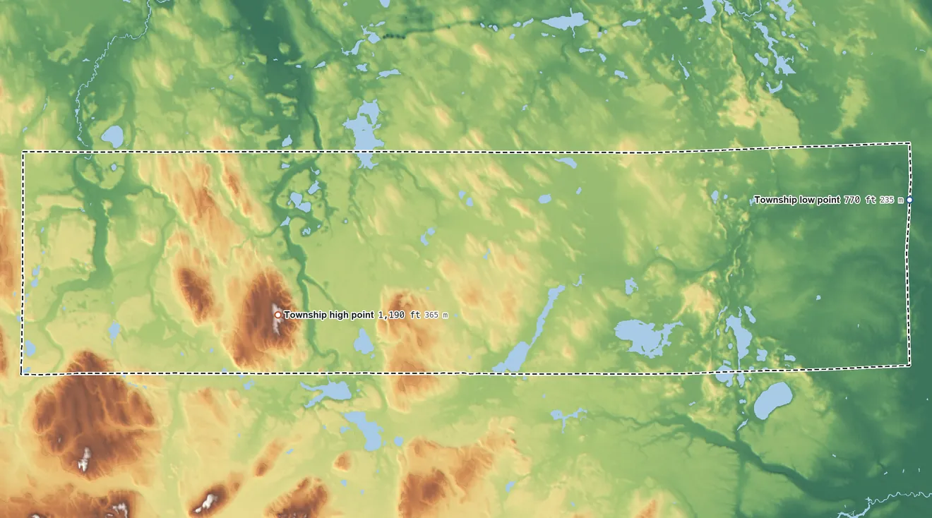 Topographic elevation map of Montmorency Township, Michigan, shaded from 770 ft on the east side to 1,190 ft on the west side