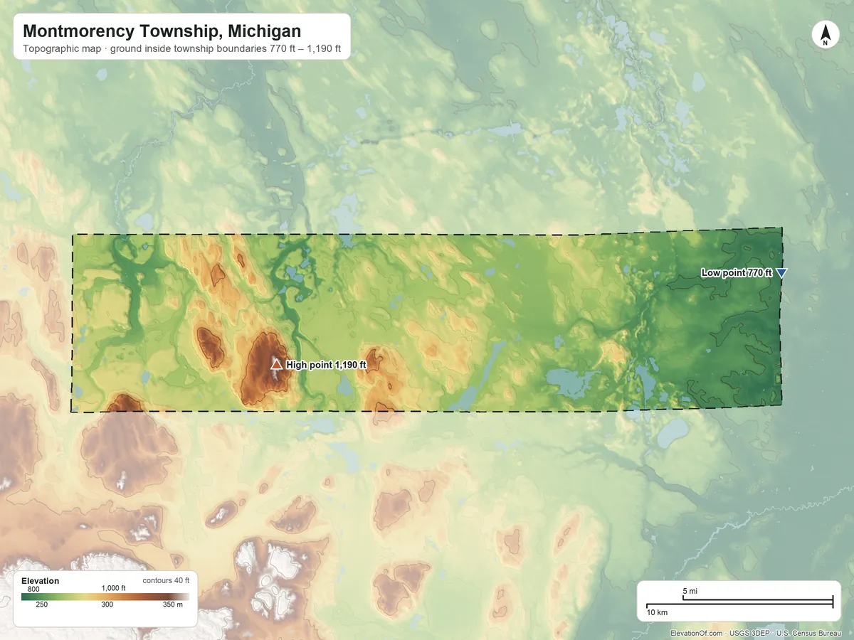 Topographic elevation map of Montmorency Township, Michigan, shaded from 770 ft on the east side to 1,190 ft on the west side