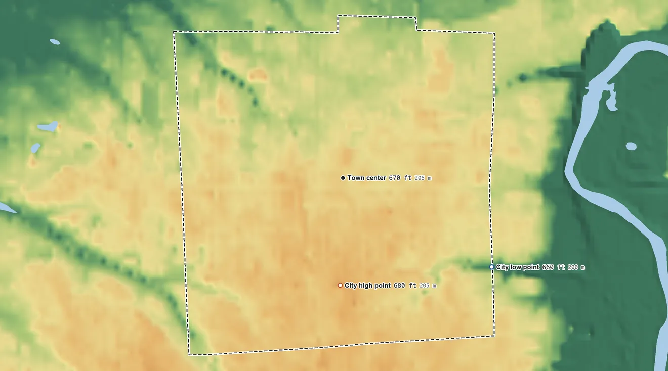 Topographic elevation map of Montrose, Michigan, shaded from 660 ft on the southeast side to 680 ft on the south side