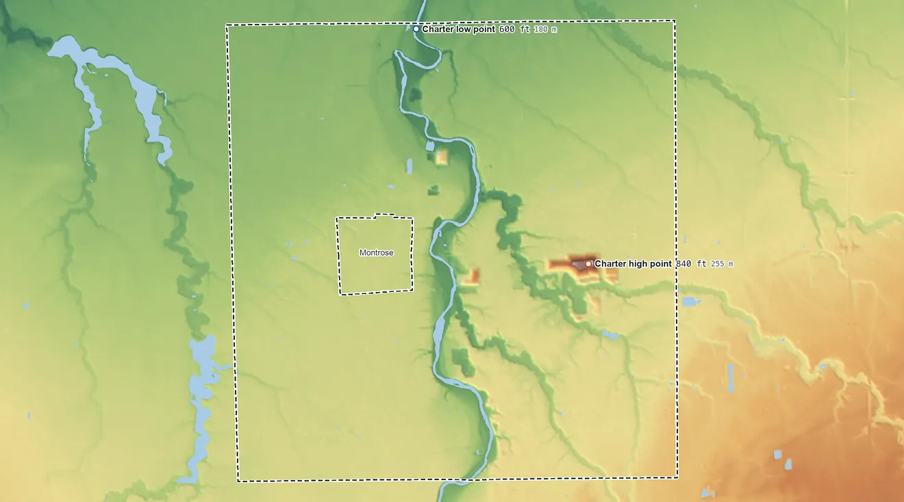 Topographic elevation map of Montrose Township, Michigan, shaded from 600 ft on the north side to 840 ft on the east side