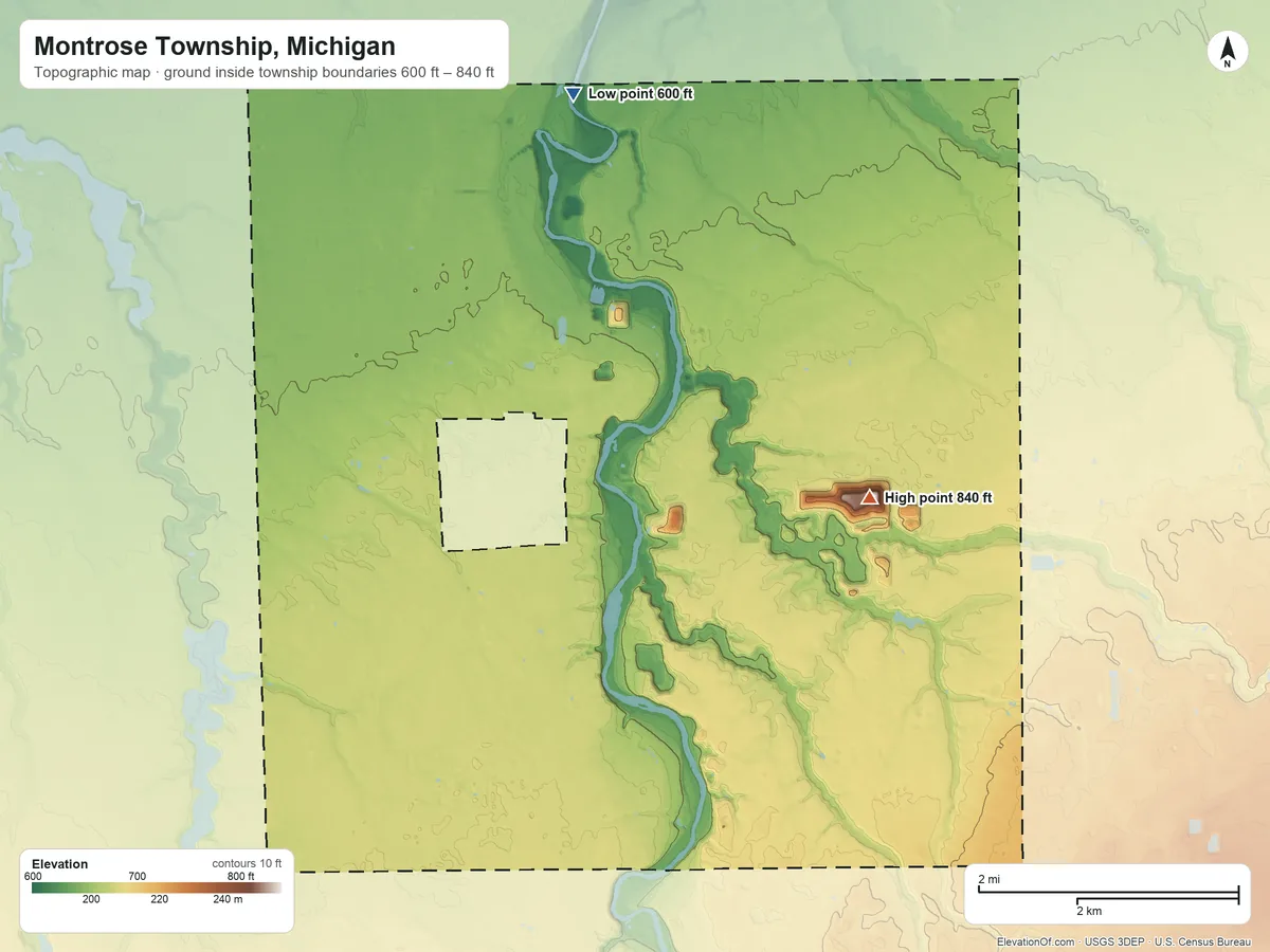Topographic elevation map of Montrose Township, Michigan, shaded from 600 ft on the north side to 840 ft on the east side