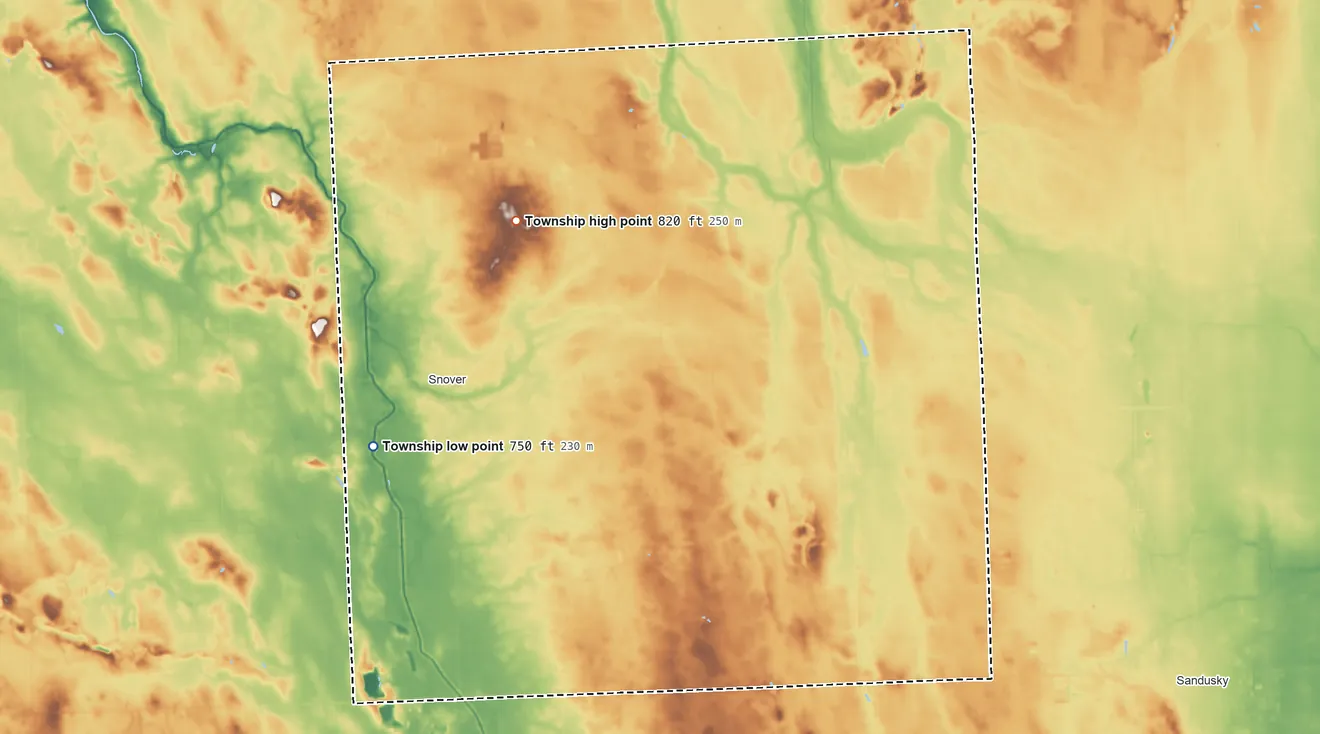 Topographic elevation map of Moore Township, Michigan, shaded from 750 ft on the west side to 820 ft on the northwest side