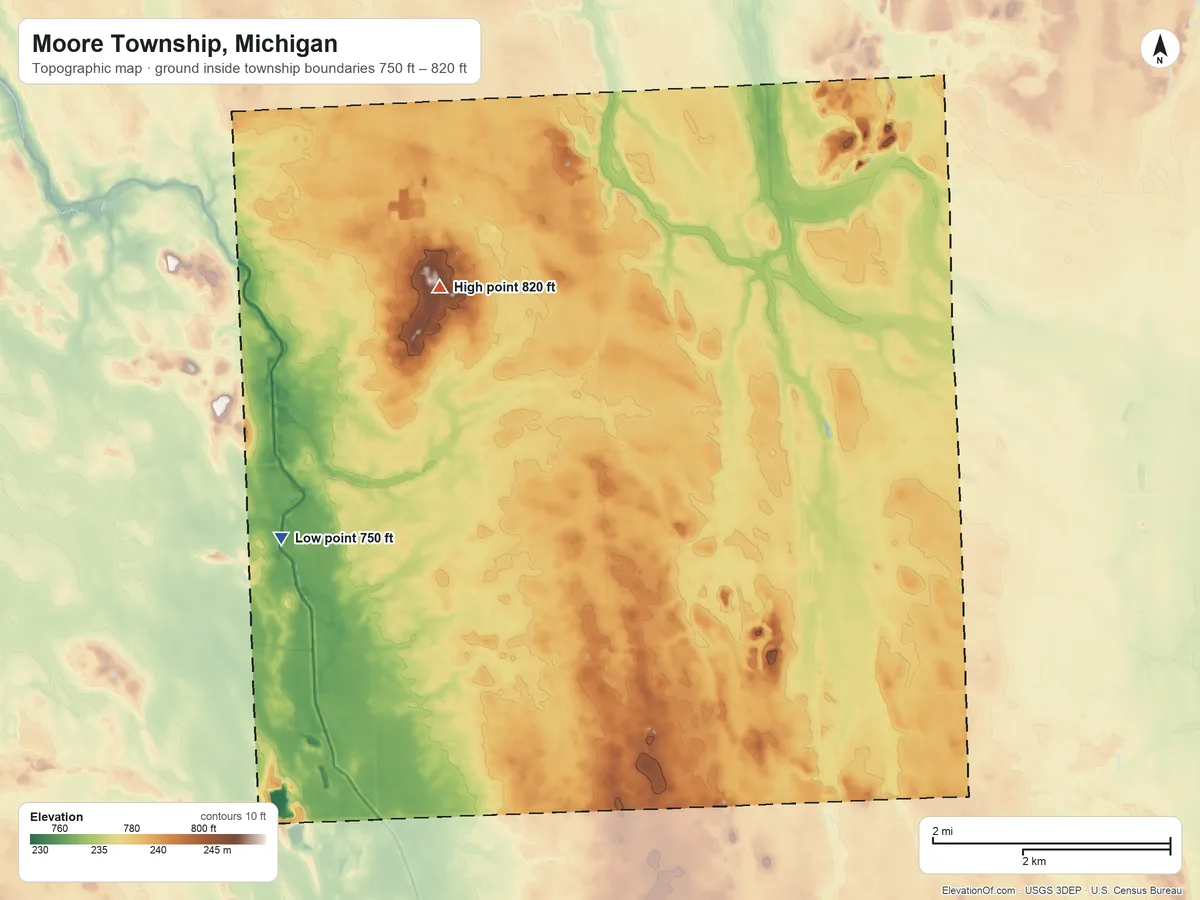 Topographic elevation map of Moore Township, Michigan, shaded from 750 ft on the west side to 820 ft on the northwest side