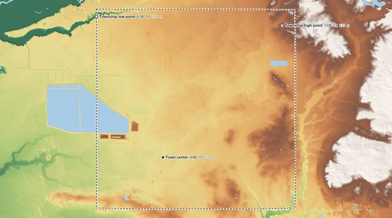 Topographic elevation map of Moorland Township, Michigan, shaded from 630 ft on the northwest side to 770 ft on the northeast side