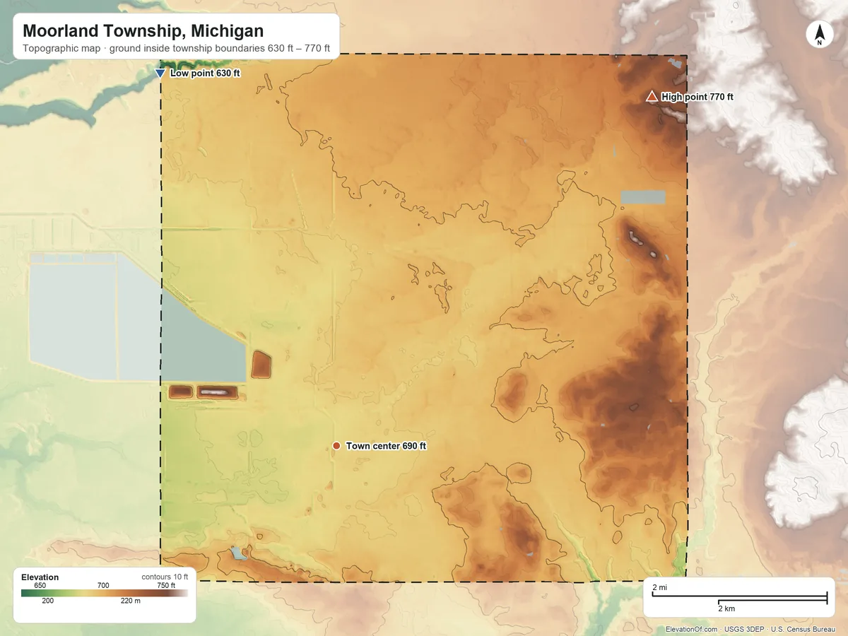 Topographic elevation map of Moorland Township, Michigan, shaded from 630 ft on the northwest side to 770 ft on the northeast side
