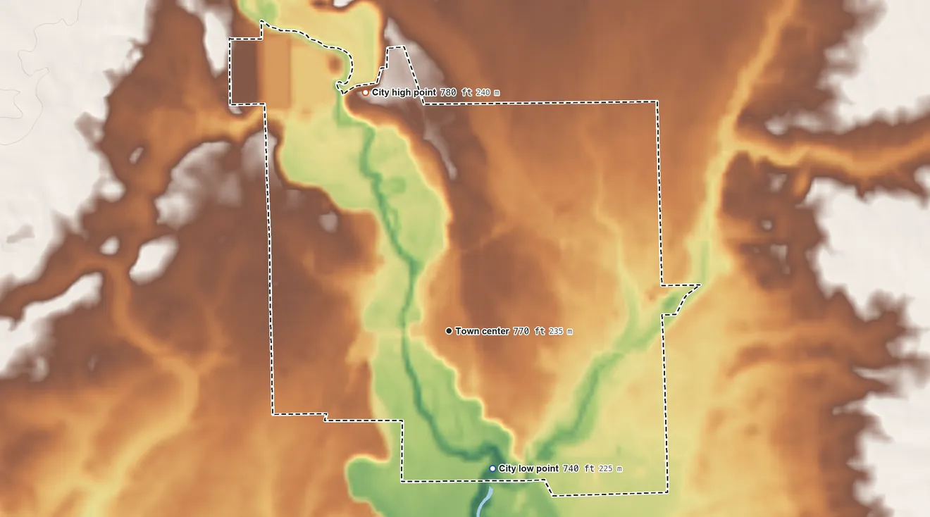 Topographic elevation map of Morenci, Michigan, shaded from 740 ft on the south side to 780 ft on the north side