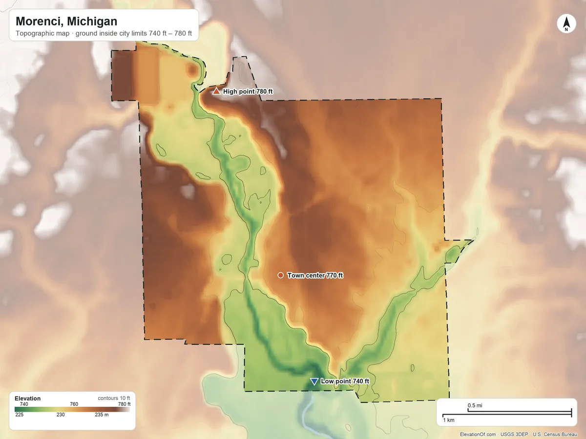 Topographic elevation map of Morenci, Michigan, shaded from 740 ft on the south side to 780 ft on the north side