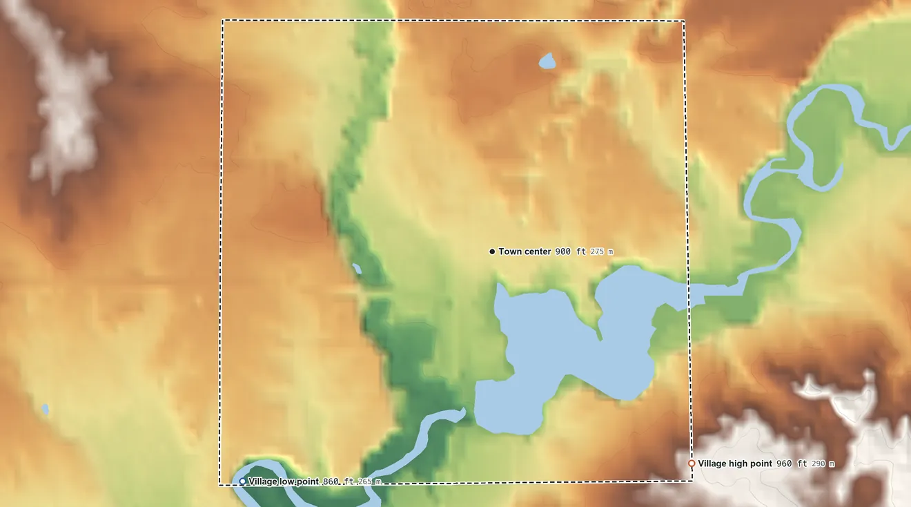 Topographic elevation map of Morley, Michigan, shaded from 860 ft on the southwest side to 960 ft on the southeast side