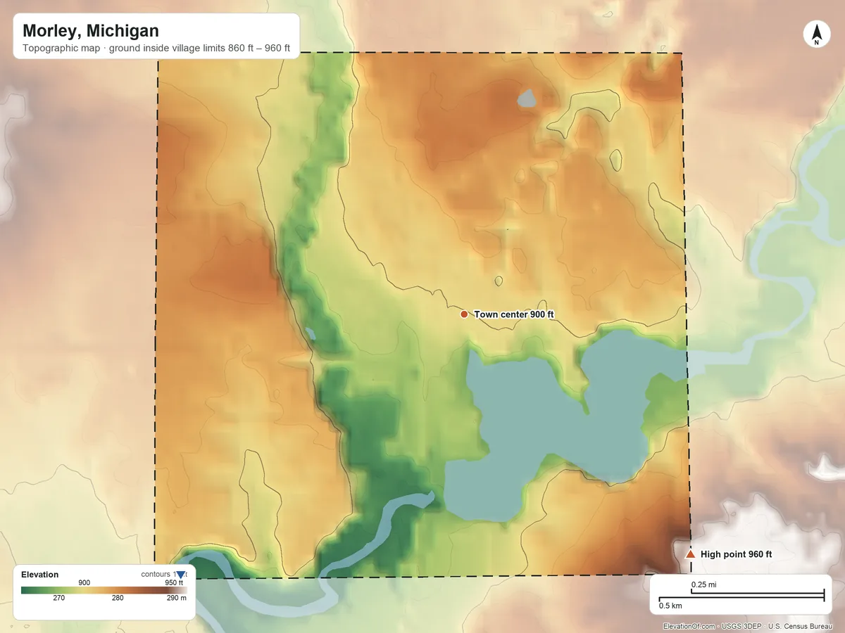 Topographic elevation map of Morley, Michigan, shaded from 860 ft on the southwest side to 960 ft on the southeast side
