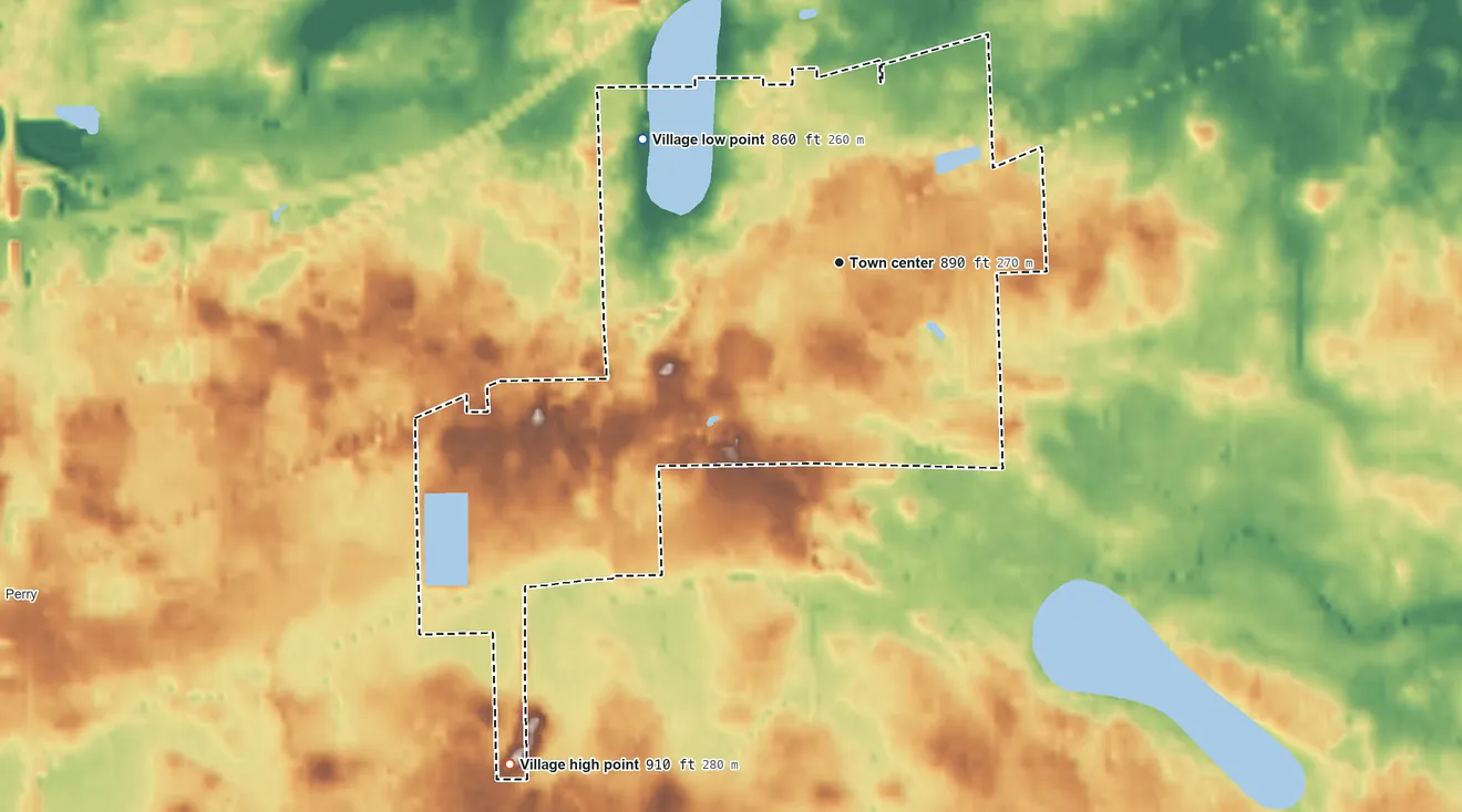 Topographic elevation map of Morrice, Michigan, shaded from 860 ft on the northwest side to 910 ft on the southwest side