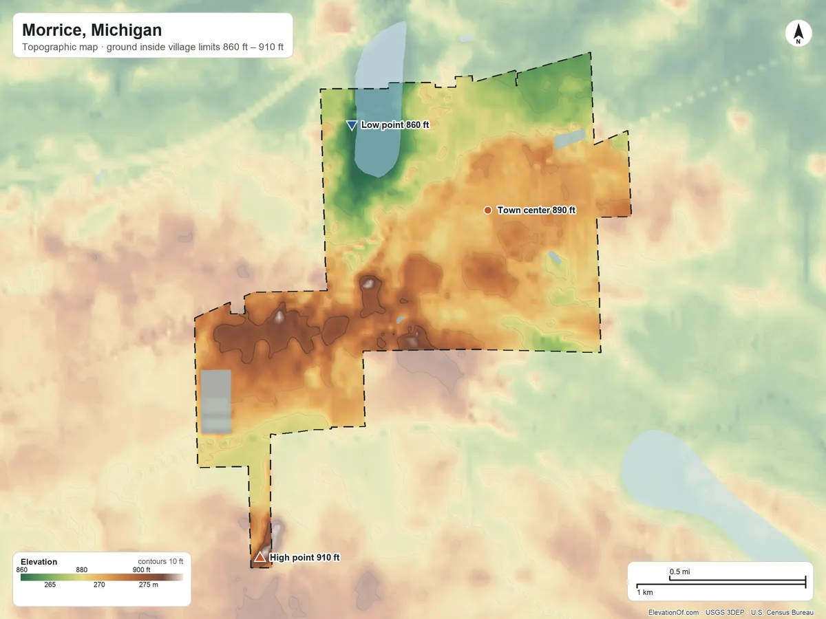 Topographic elevation map of Morrice, Michigan, shaded from 860 ft on the northwest side to 910 ft on the southwest side