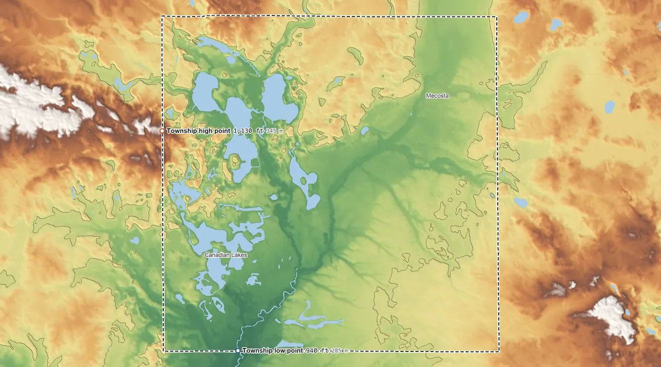 Topographic elevation map of Morton Township, Michigan, shaded from 940 ft on the south side to 1,130 ft on the northwest side