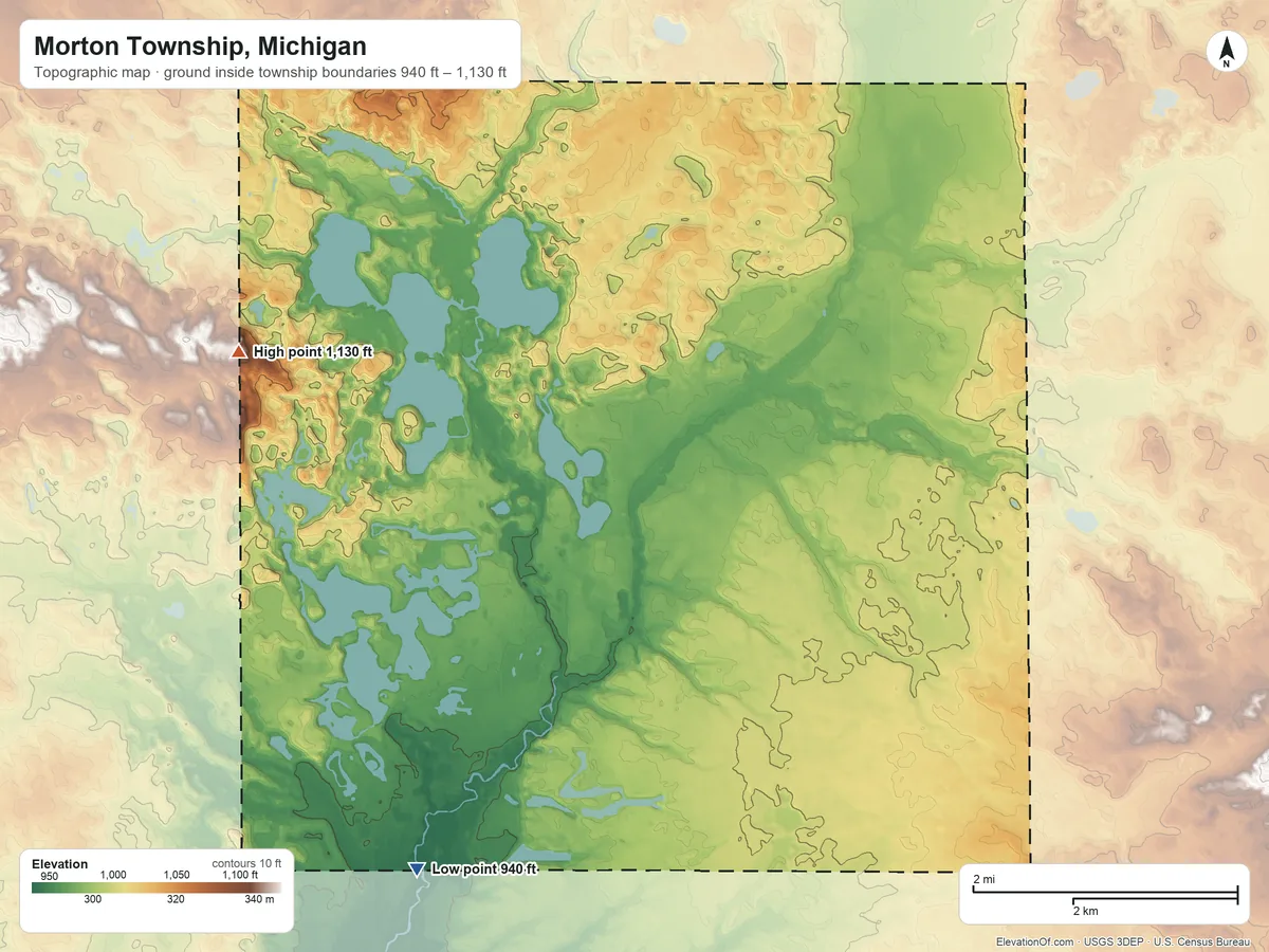 Topographic elevation map of Morton Township, Michigan, shaded from 940 ft on the south side to 1,130 ft on the northwest side