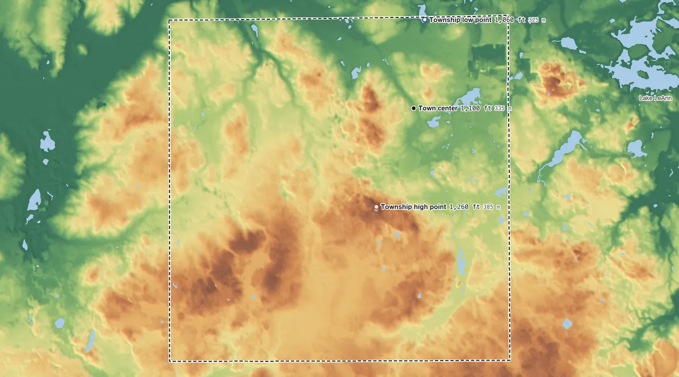 Topographic elevation map of Moscow Township, Michigan, shaded from 1,060 ft on the north side to 1,260 ft on the south side