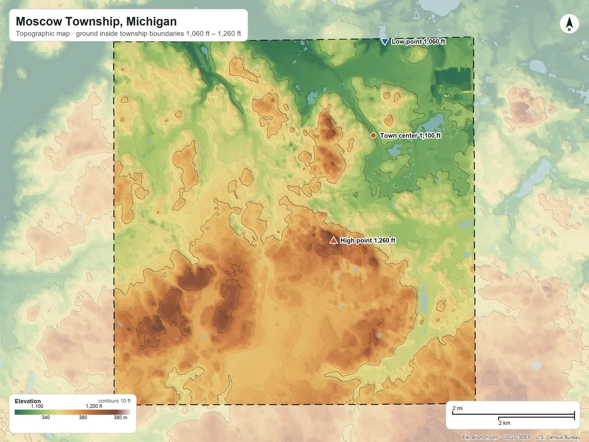 Topographic elevation map of Moscow Township, Michigan, shaded from 1,060 ft on the north side to 1,260 ft on the south side