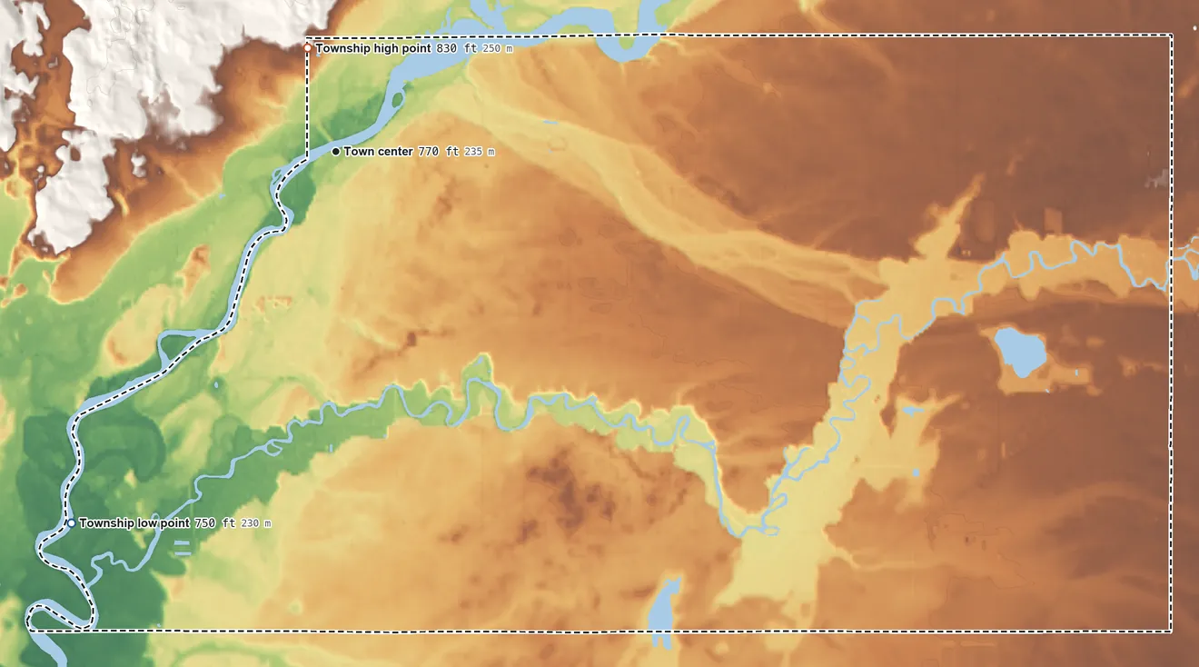 Topographic elevation map of Mottville Township, Michigan, shaded from 750 ft on the southwest side to 830 ft near the middle