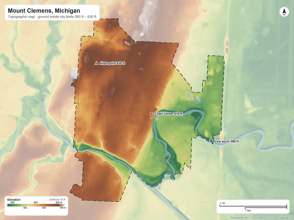 Topographic elevation map of Mount Clemens, Michigan, shaded from 580 ft on the southeast side to 630 ft on the northwest side
