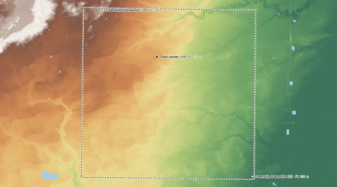 Topographic elevation map of Mount Forest Township, Michigan, shaded from 620 ft on the southeast side to 750 ft on the northwest side