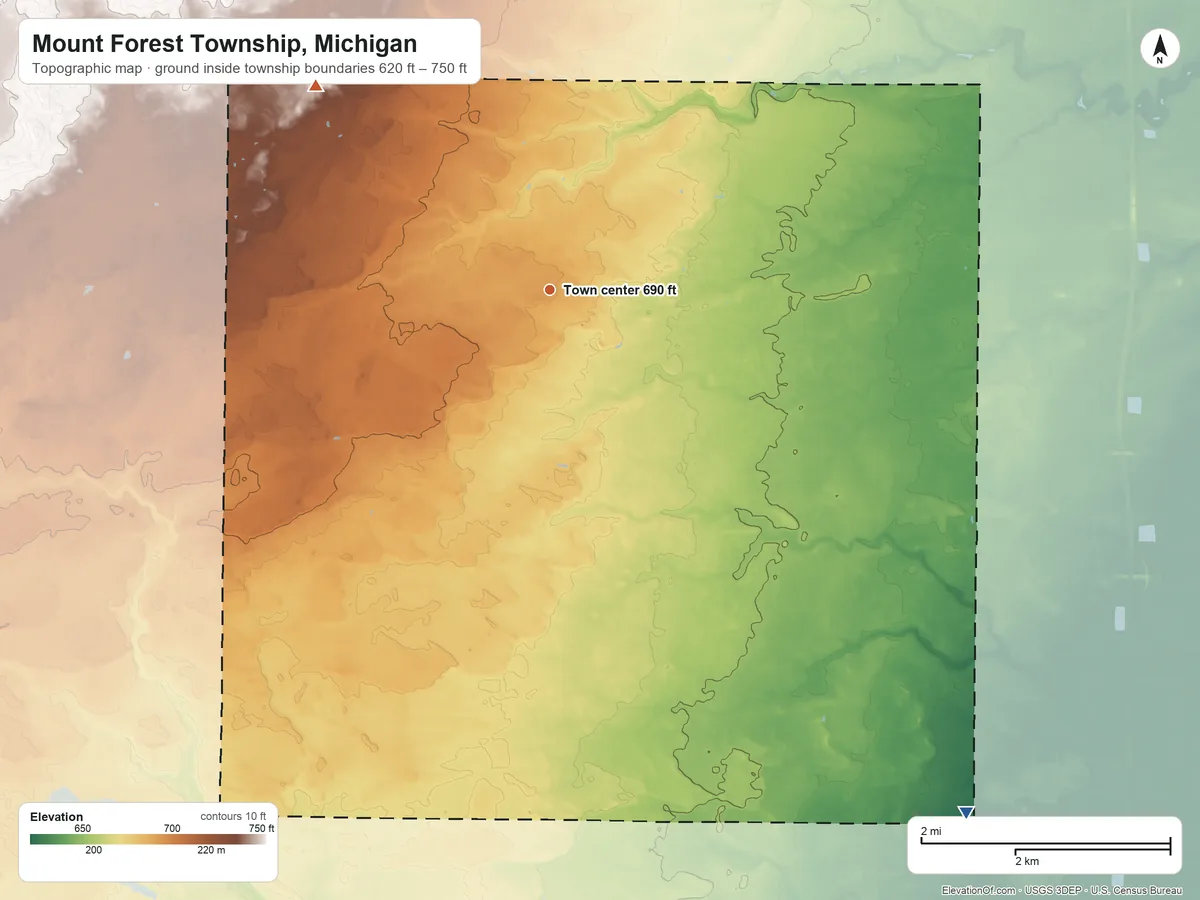 Topographic elevation map of Mount Forest Township, Michigan, shaded from 620 ft on the southeast side to 750 ft on the northwest side