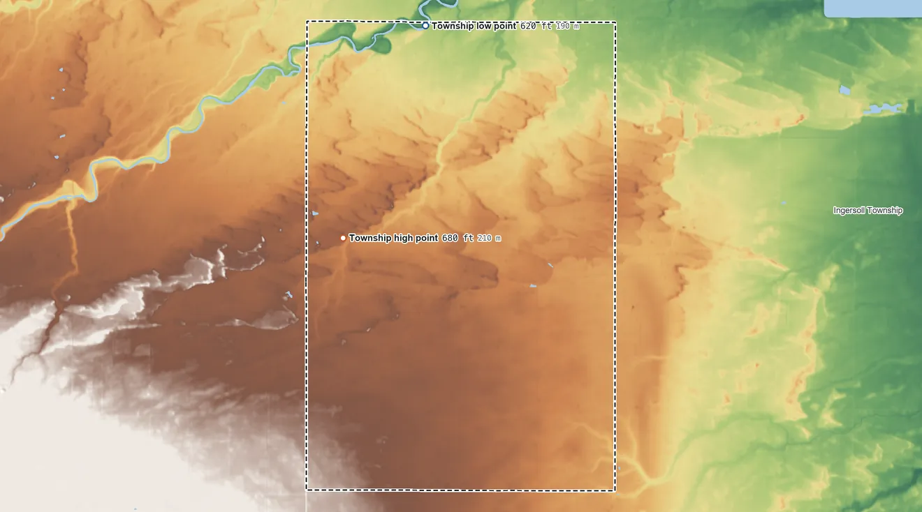 Topographic elevation map of Mount Haley Township, Michigan, shaded from 620 ft on the north side to 680 ft on the southwest side