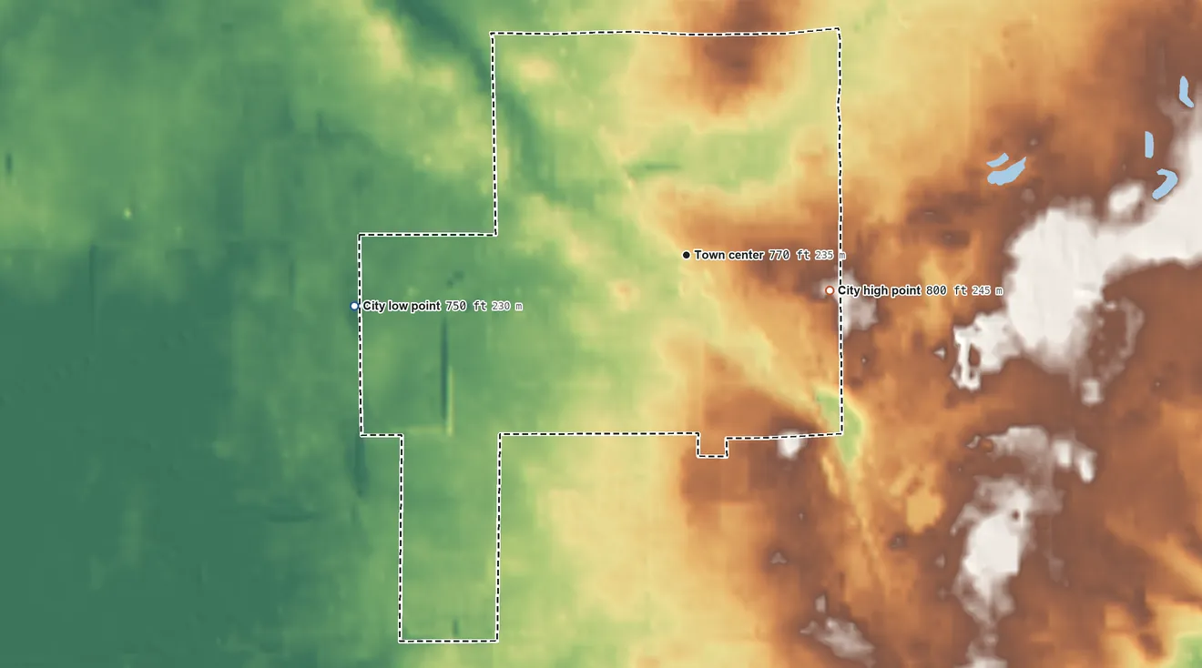Topographic elevation map of Mount Morris, Michigan, shaded from 750 ft on the west side to 800 ft on the east side