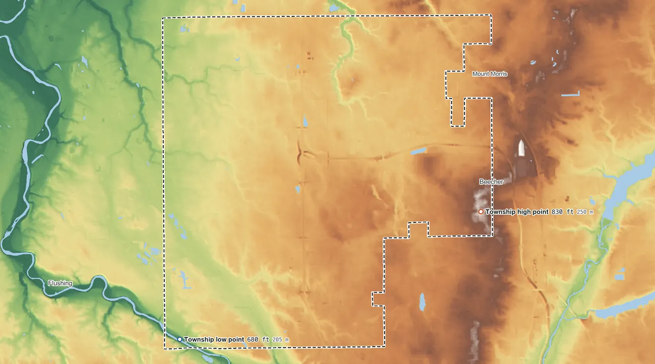Topographic elevation map of Mount Morris Township, Michigan, shaded from 680 ft on the southwest side to 830 ft on the east side