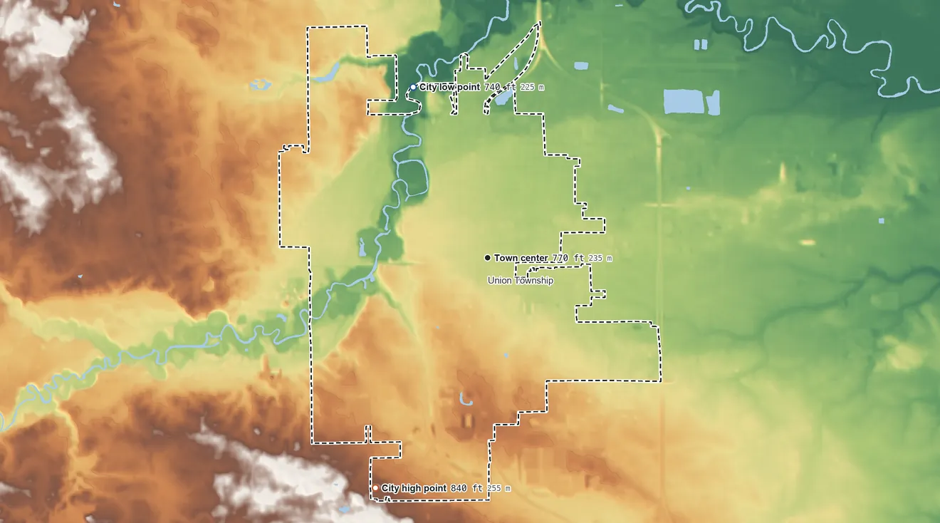 Topographic elevation map of Mount Pleasant, Michigan, shaded from 740 ft on the northwest side to 840 ft on the southwest side