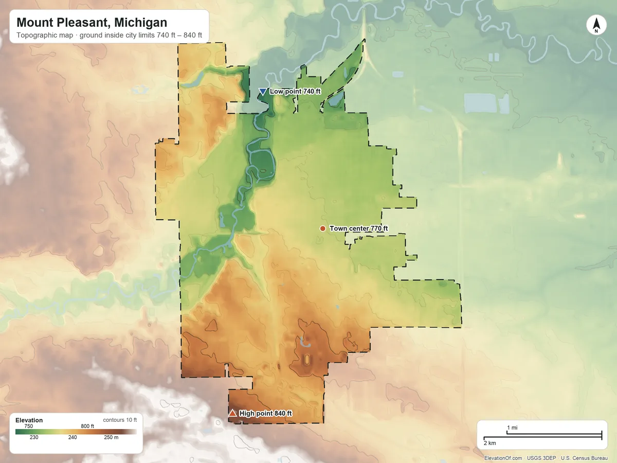 Topographic elevation map of Mount Pleasant, Michigan, shaded from 740 ft on the northwest side to 840 ft on the southwest side