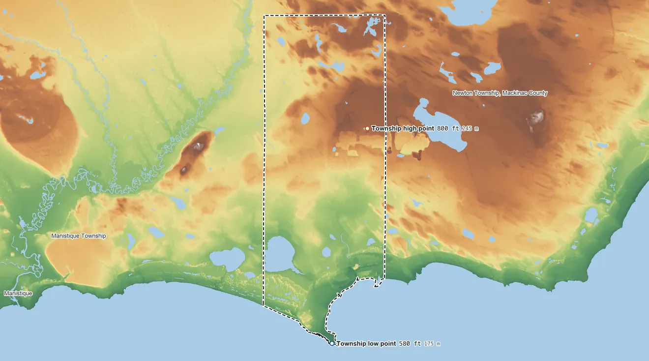 Topographic elevation map of Mueller Township, Michigan, shaded from 580 ft on the shore of Lake Michigan to 800 ft on the northeast side