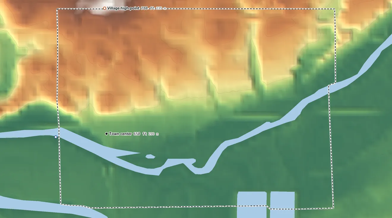 Topographic elevation map of Muir, Michigan, shaded from 630 ft on the west side to 780 ft on the north side