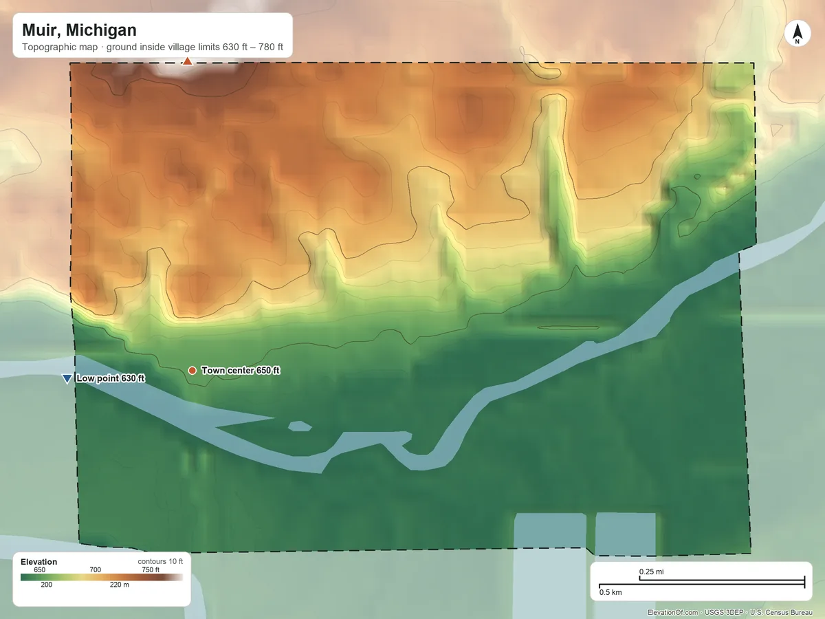 Topographic elevation map of Muir, Michigan, shaded from 630 ft on the west side to 780 ft on the north side