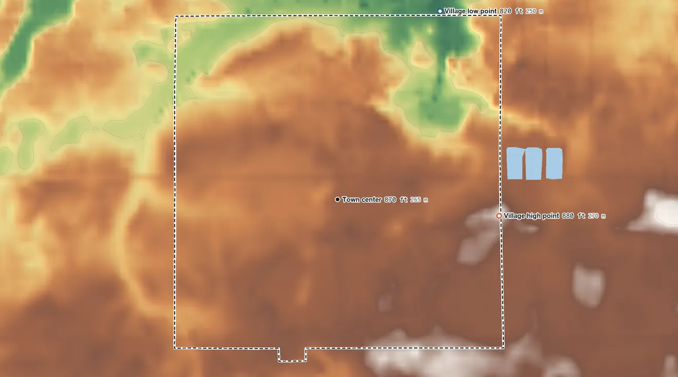 Topographic elevation map of Mulliken, Michigan, shaded from 820 ft on the northeast side to 880 ft on the east side