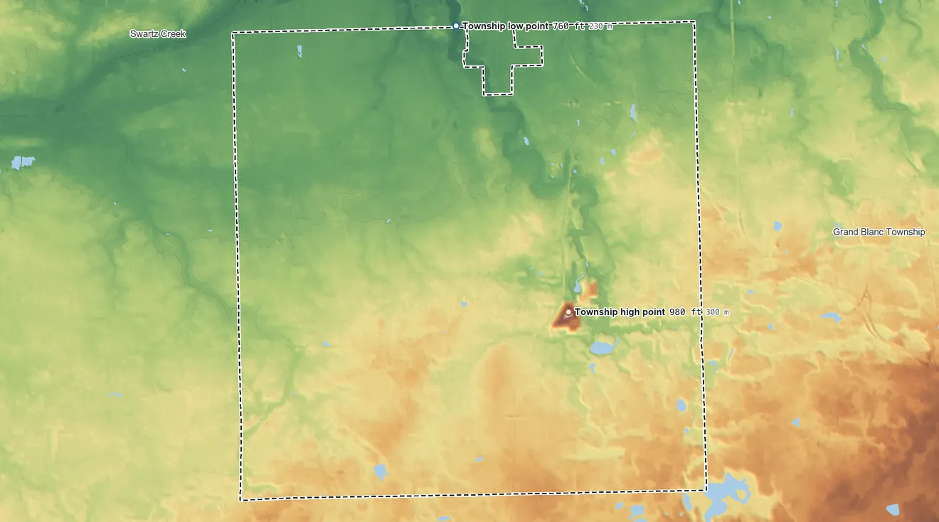 Topographic elevation map of Mundy Township, Michigan, shaded from 760 ft on the north side to 980 ft on the southeast side