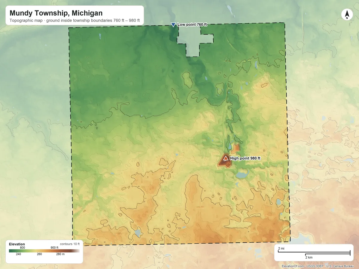 Topographic elevation map of Mundy Township, Michigan, shaded from 760 ft on the north side to 980 ft on the southeast side