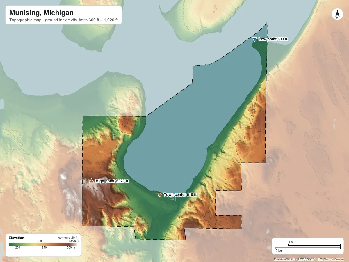 Topographic elevation map of Munising, Michigan, shaded from 600 ft on the northeast side to 1,020 ft on the west side