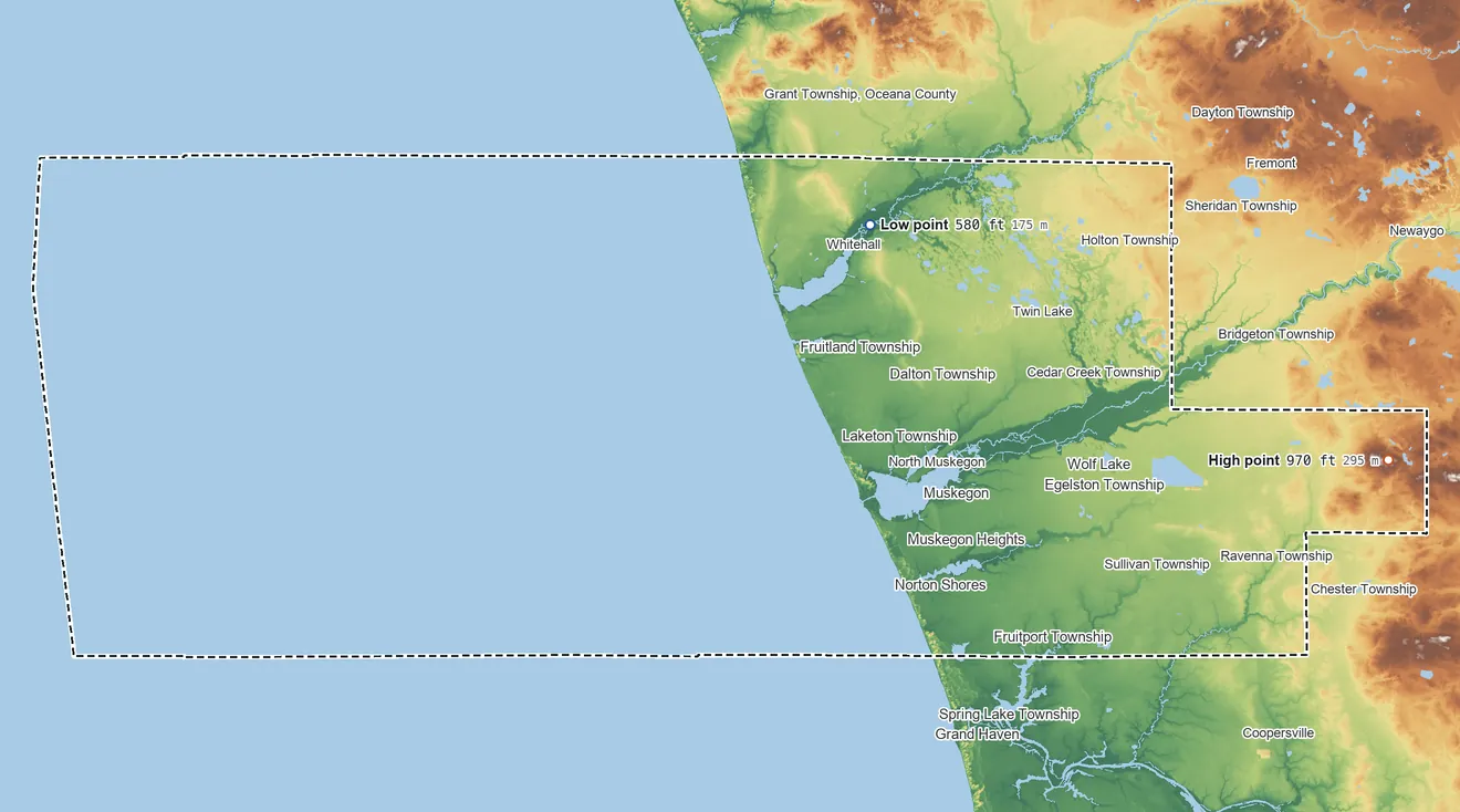 Topographic elevation map of Muskegon County, Michigan, shaded from 580 ft on the northeast side to 970 ft on the east side