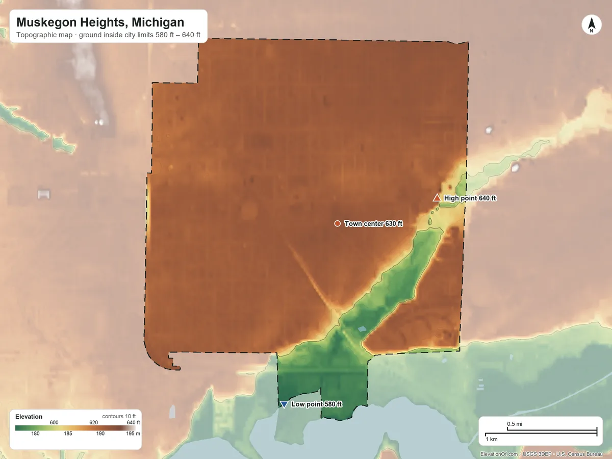 Topographic elevation map of Muskegon Heights, Michigan, shaded from 580 ft on the south side to 640 ft on the east side