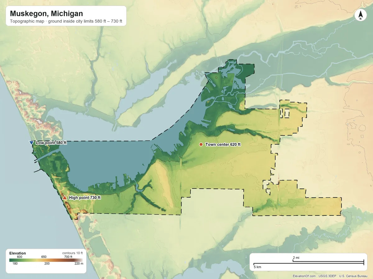 Topographic elevation map of Muskegon, Michigan, shaded from 580 ft on the west side to 730 ft on the west side