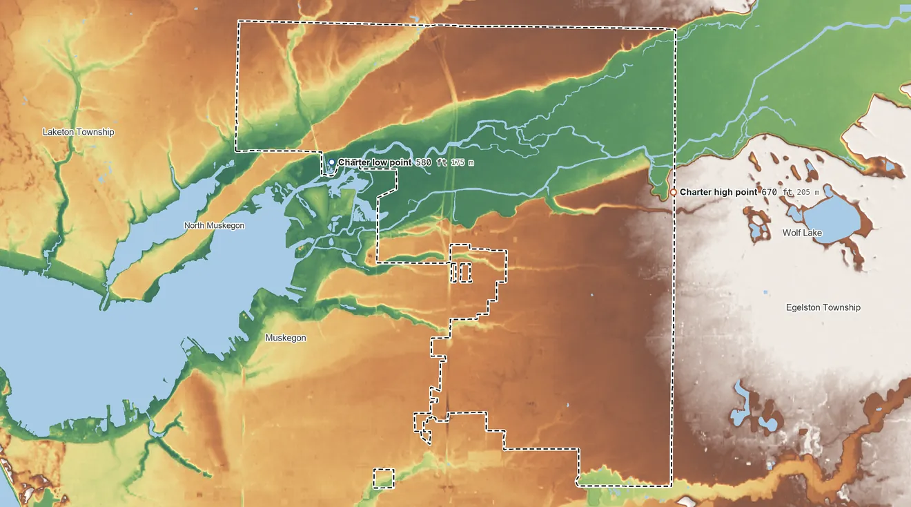 Topographic elevation map of Muskegon Township, Michigan, shaded from 580 ft on the northwest side to 670 ft on the northeast side