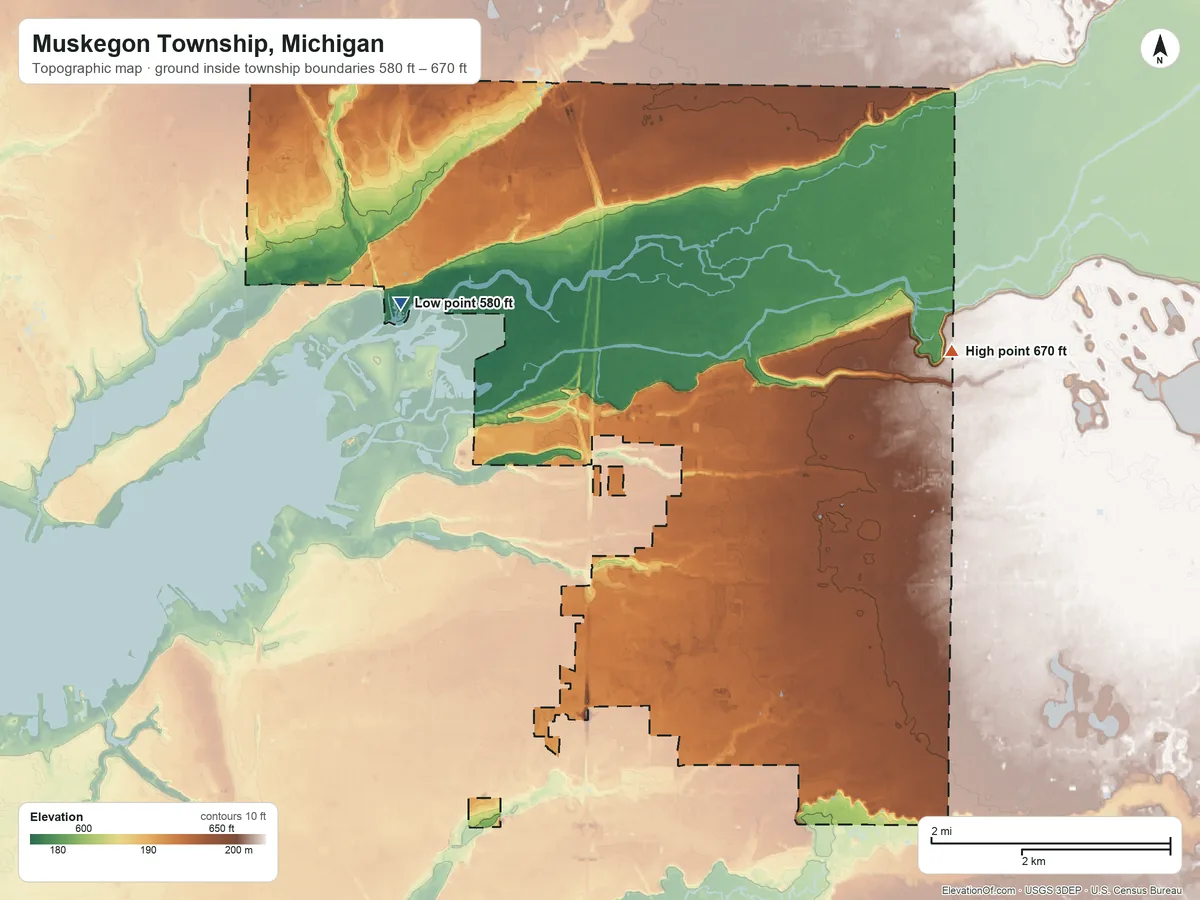Topographic elevation map of Muskegon Township, Michigan, shaded from 580 ft on the northwest side to 670 ft on the northeast side