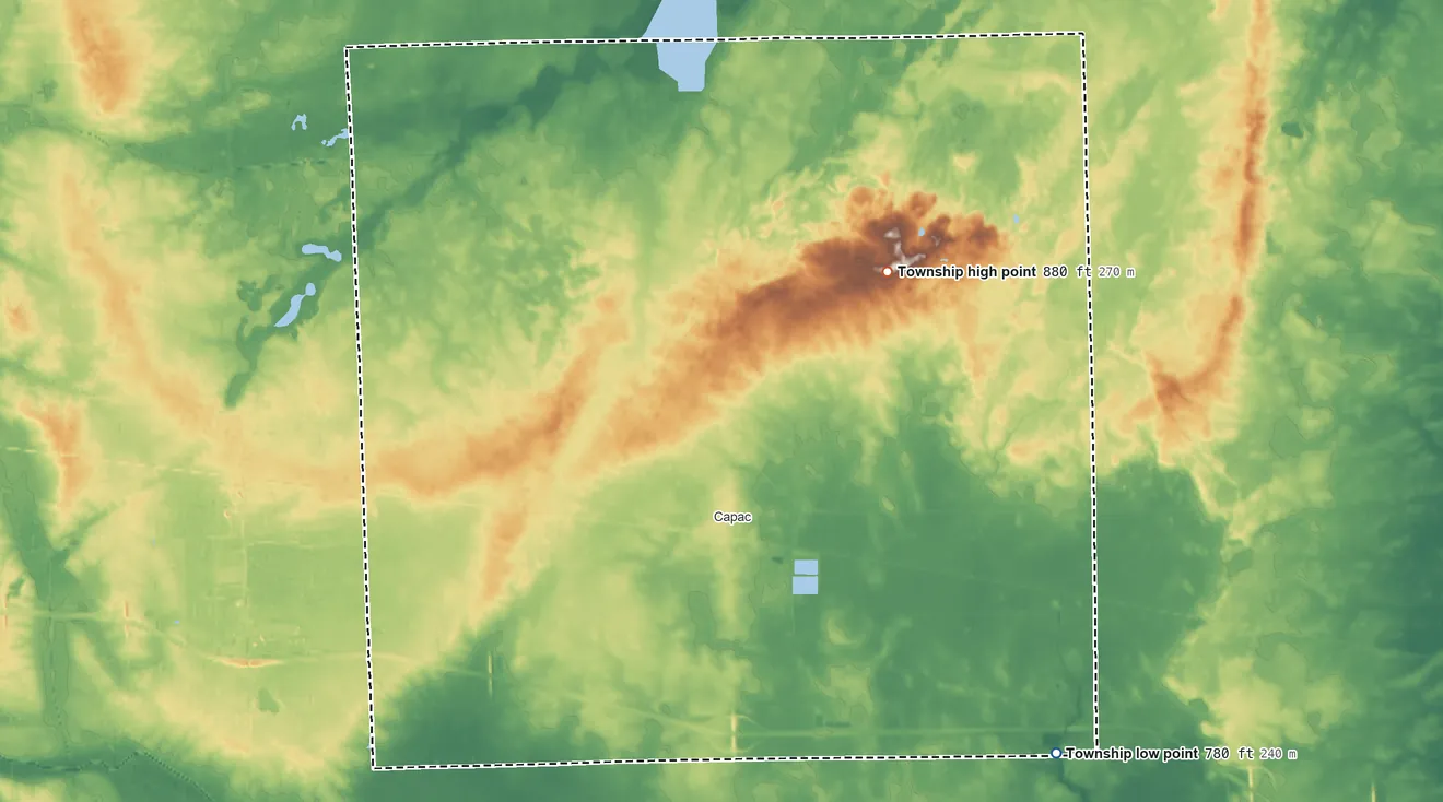 Topographic elevation map of Mussey Township, Michigan, shaded from 780 ft on the southeast side to 880 ft on the northeast side