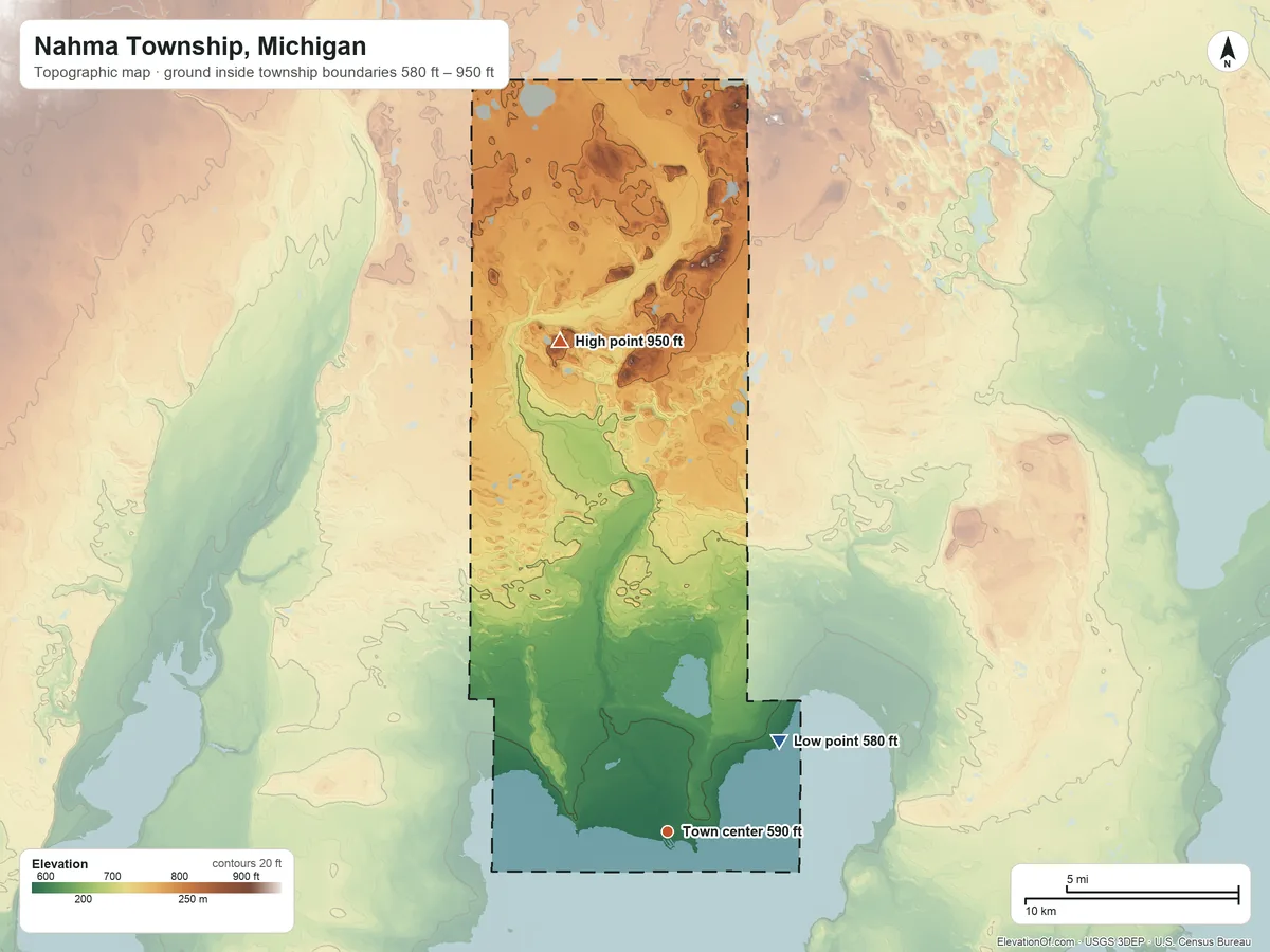 Topographic elevation map of Nahma Township, Michigan, shaded from 580 ft on the northeast side to 950 ft on the north side