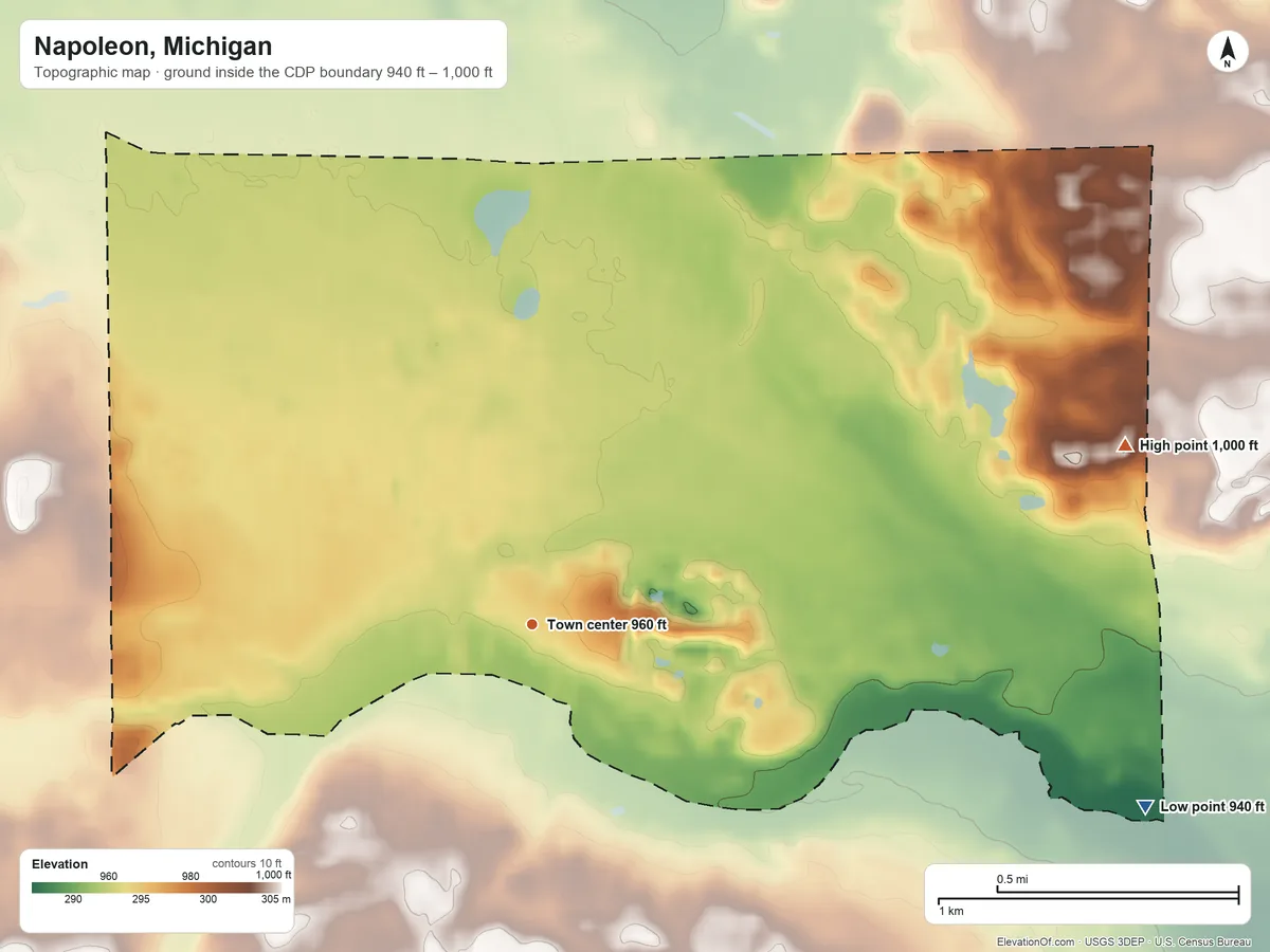 Topographic elevation map of Napoleon, Michigan, shaded from 940 ft on the east side to 1,000 ft on the east side