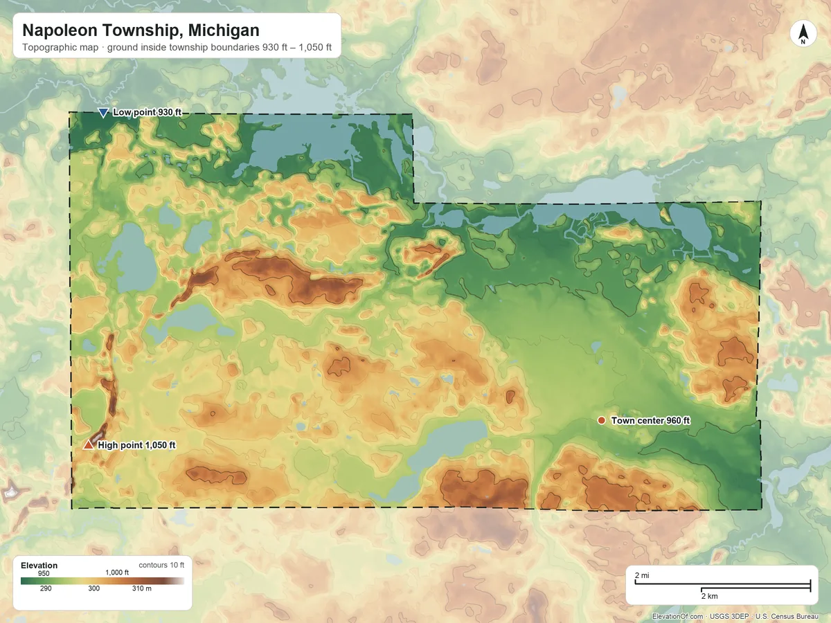 Topographic elevation map of Napoleon Township, Michigan, shaded from 930 ft on the northwest side to 1,050 ft on the west side