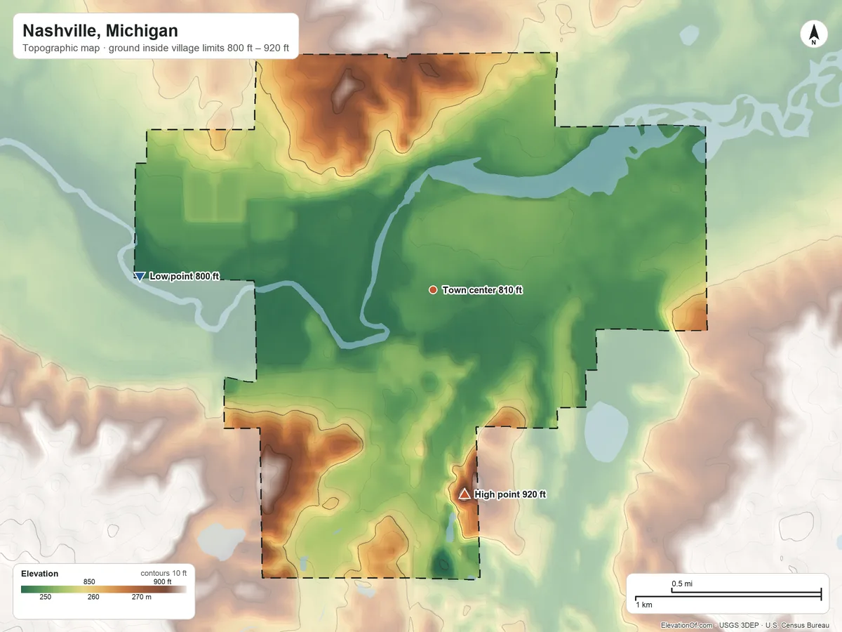 Topographic elevation map of Nashville, Michigan, shaded from 800 ft on the west side to 920 ft on the south side